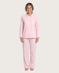Amber women’s pink cotton pajama set with white piping, front view