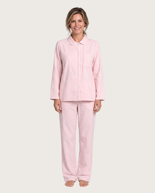 Amber women’s pink cotton pajama set with white piping, front view
