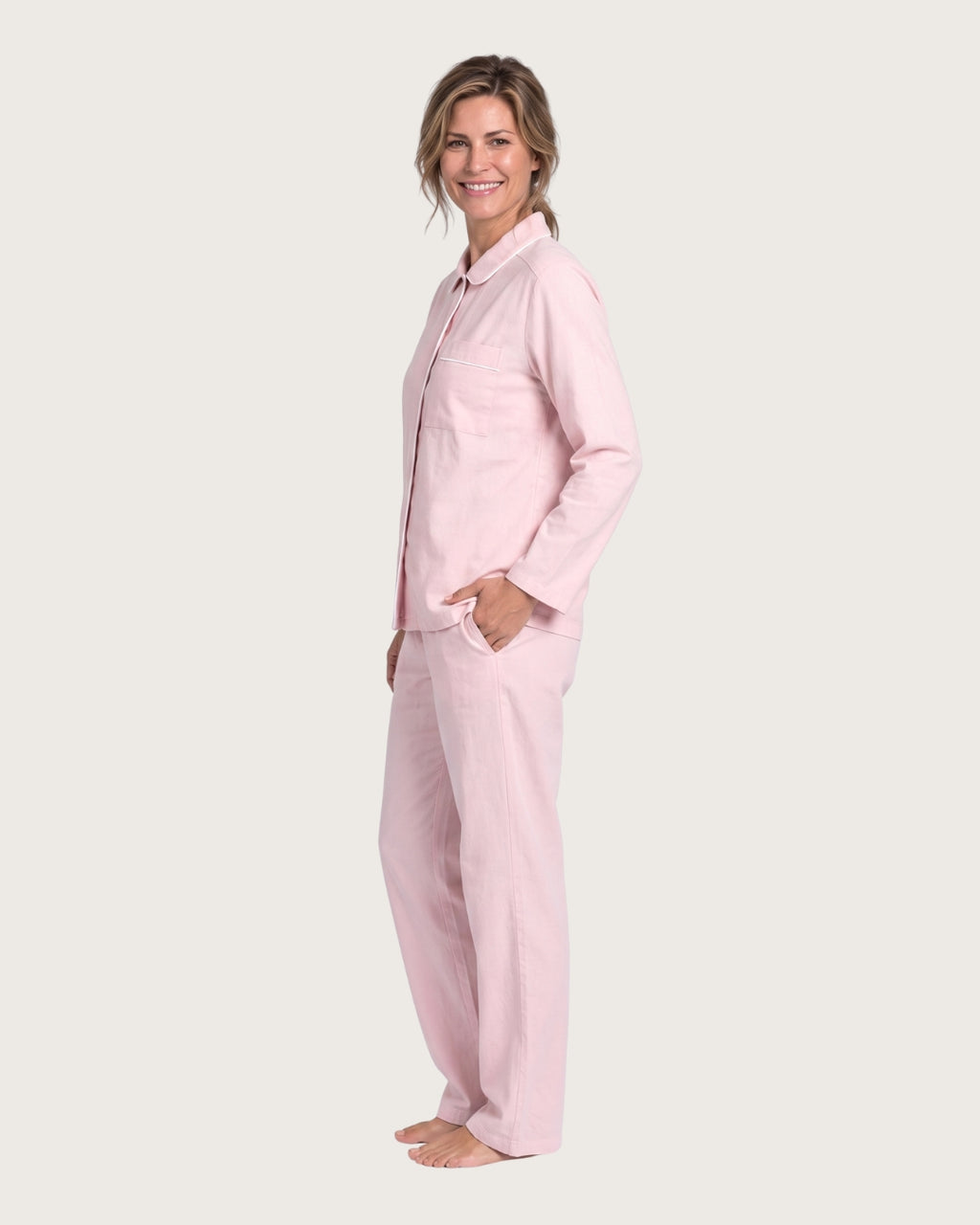 Side view of Amber women’s pink cotton pajama set with relaxed fit