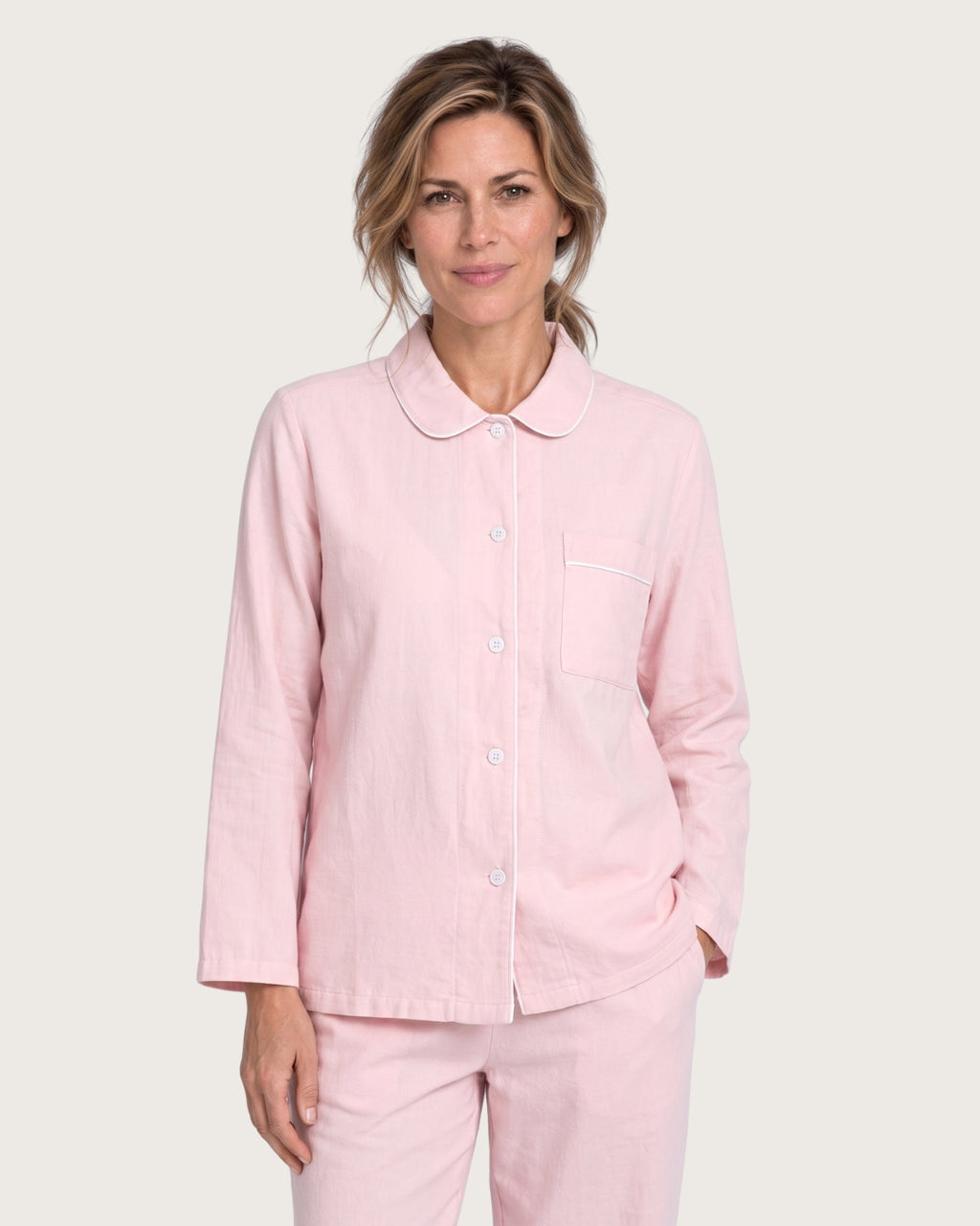 Three-quarter front view of Amber women’s pink cotton pajama set