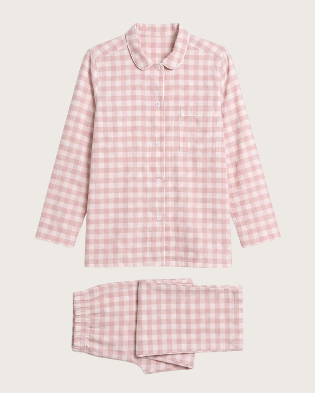 Faye pink plaid cotton flannel pajama top and matching pants laid flat