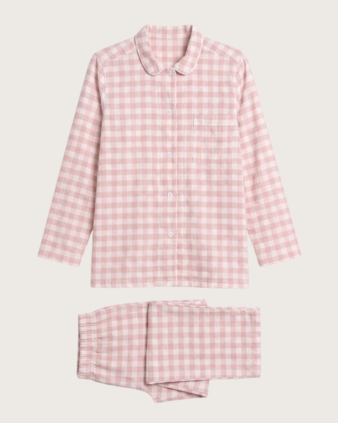 Faye pink plaid cotton flannel pajama top and matching pants laid flat