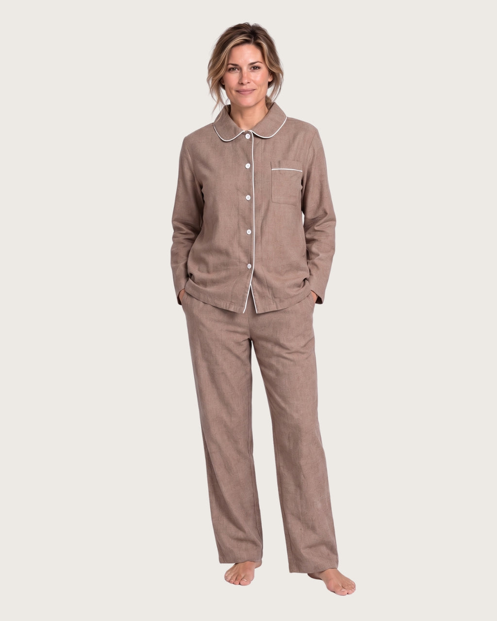 Hazel women’s brown cotton pajama set with white piping, front view