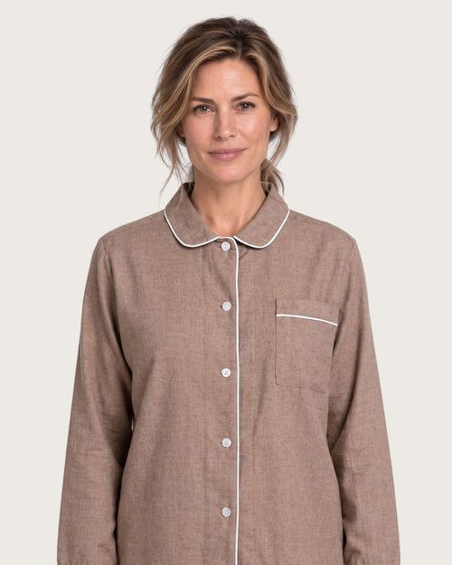 Close-up of Hazel brown cotton pajama top with rounded collar, buttons and chest pocket