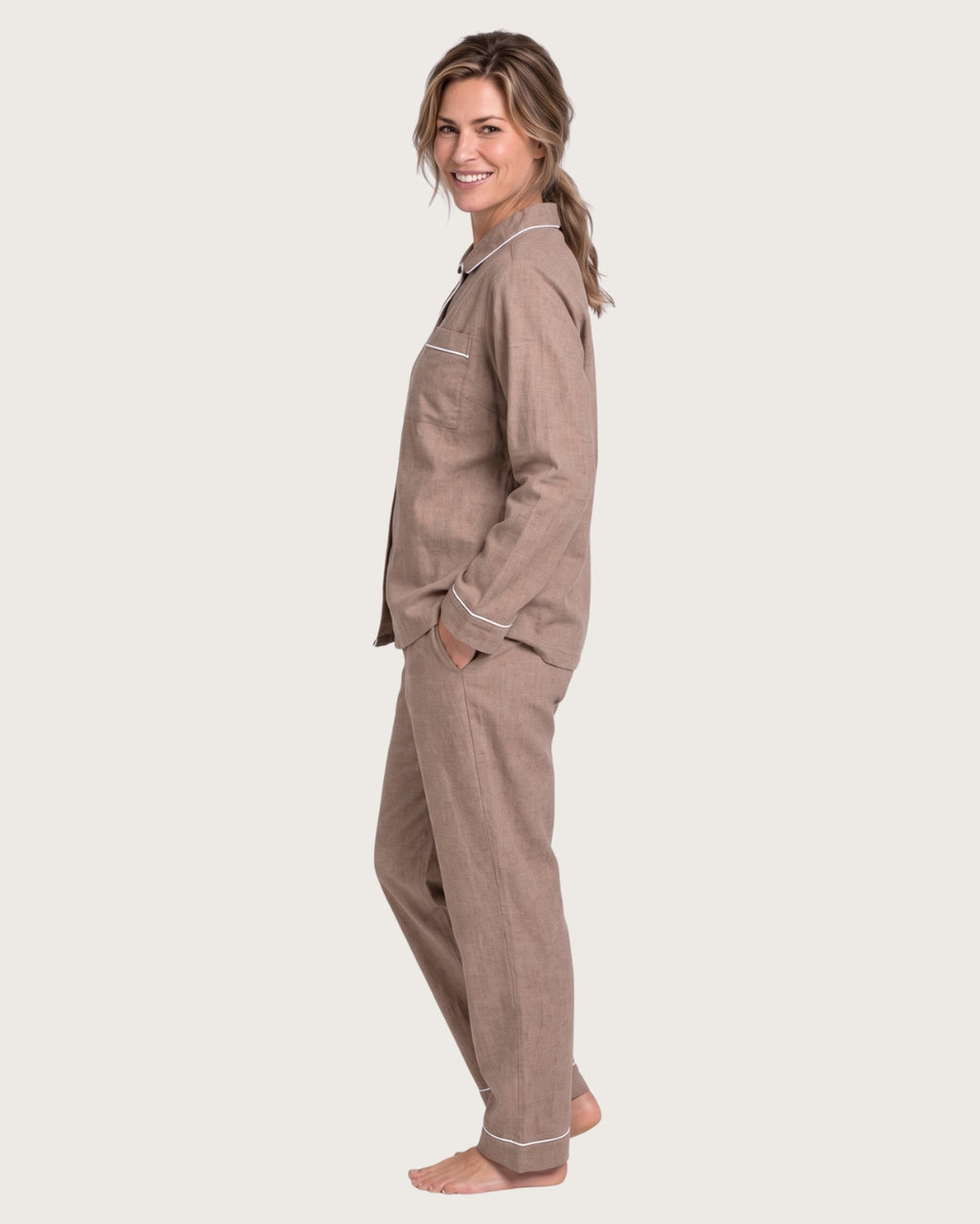 Side view of Hazel women’s brown cotton pajama set with contrast white piping