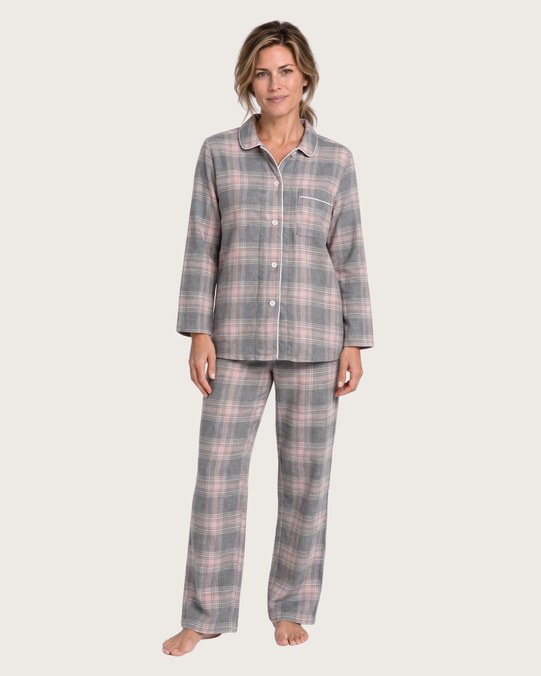 Laurel women’s gray plaid flannel pajama set with subtle pink accents, front view