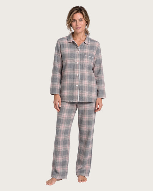 Laurel women’s gray plaid flannel pajama set with subtle pink accents, front view