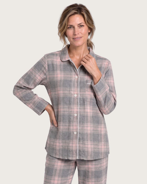 Close-up of Laurel gray plaid flannel pajama top with collar, buttons and white piping