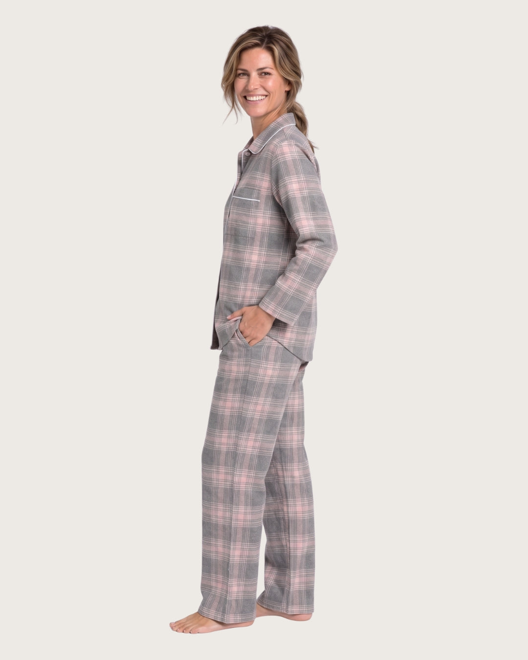 Side view of Laurel gray plaid flannel pajama set with relaxed fit