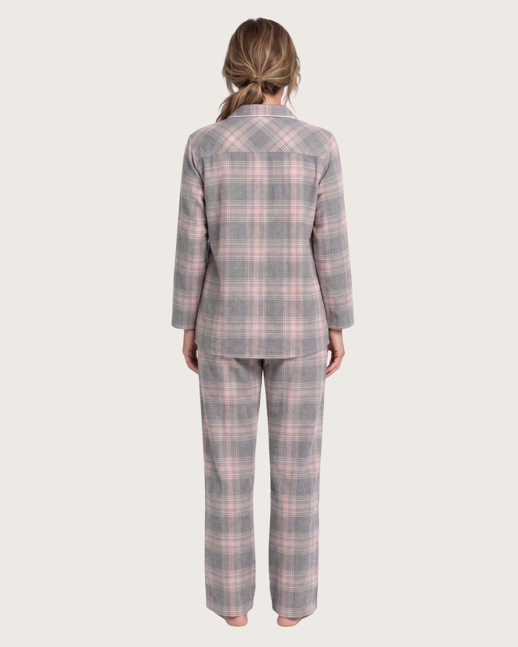Back view of Laurel women’s gray plaid flannel pajama set