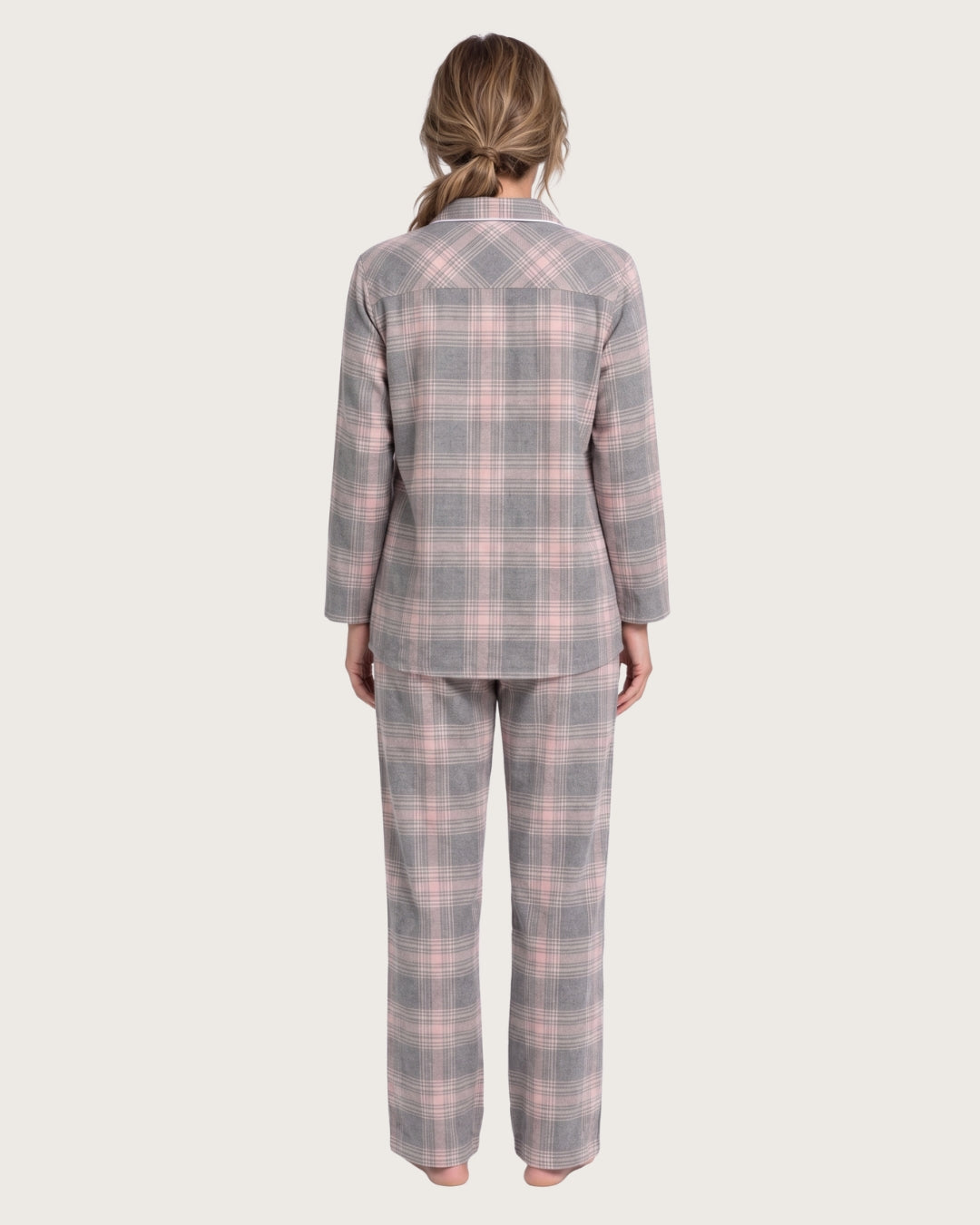 Back view of Laurel women’s gray plaid flannel pajama set