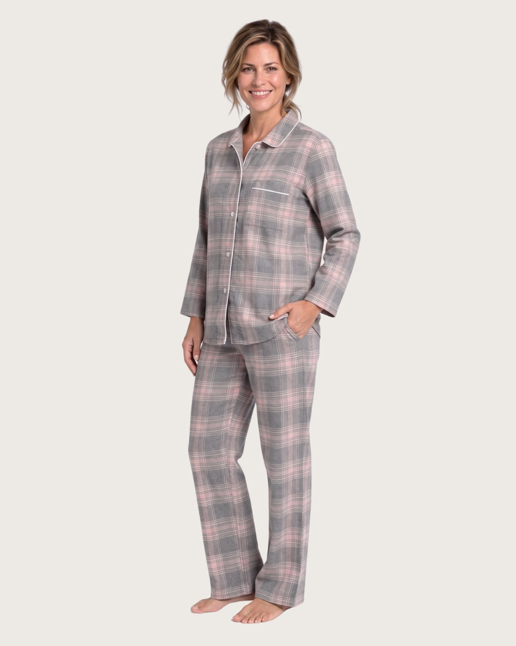 Three-quarter front view of Laurel women’s gray plaid flannel pajama set