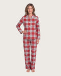 Woman wearing the Rowan red plaid cotton flannel pajama set, full-body front view