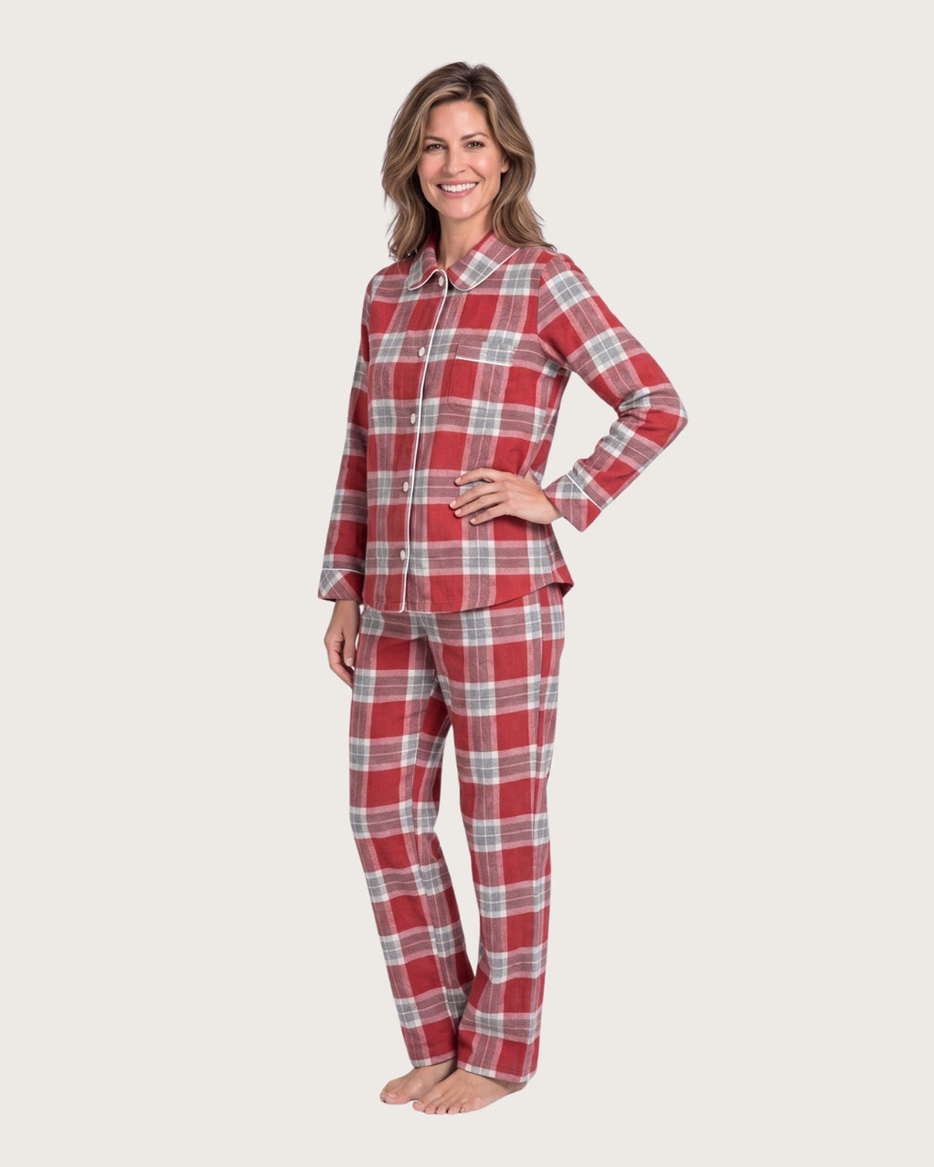 Woman wearing the Rowan red plaid flannel pajamas, side view