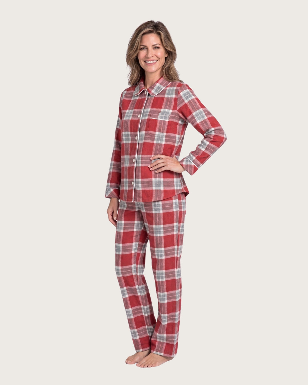 Woman wearing the Rowan red plaid flannel pajamas, side view
