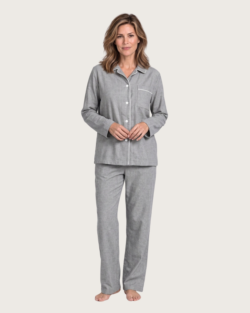 Sage women’s gray cotton pajama set with white piping, front view