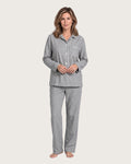 Sage women’s gray cotton pajama set with white piping, front view