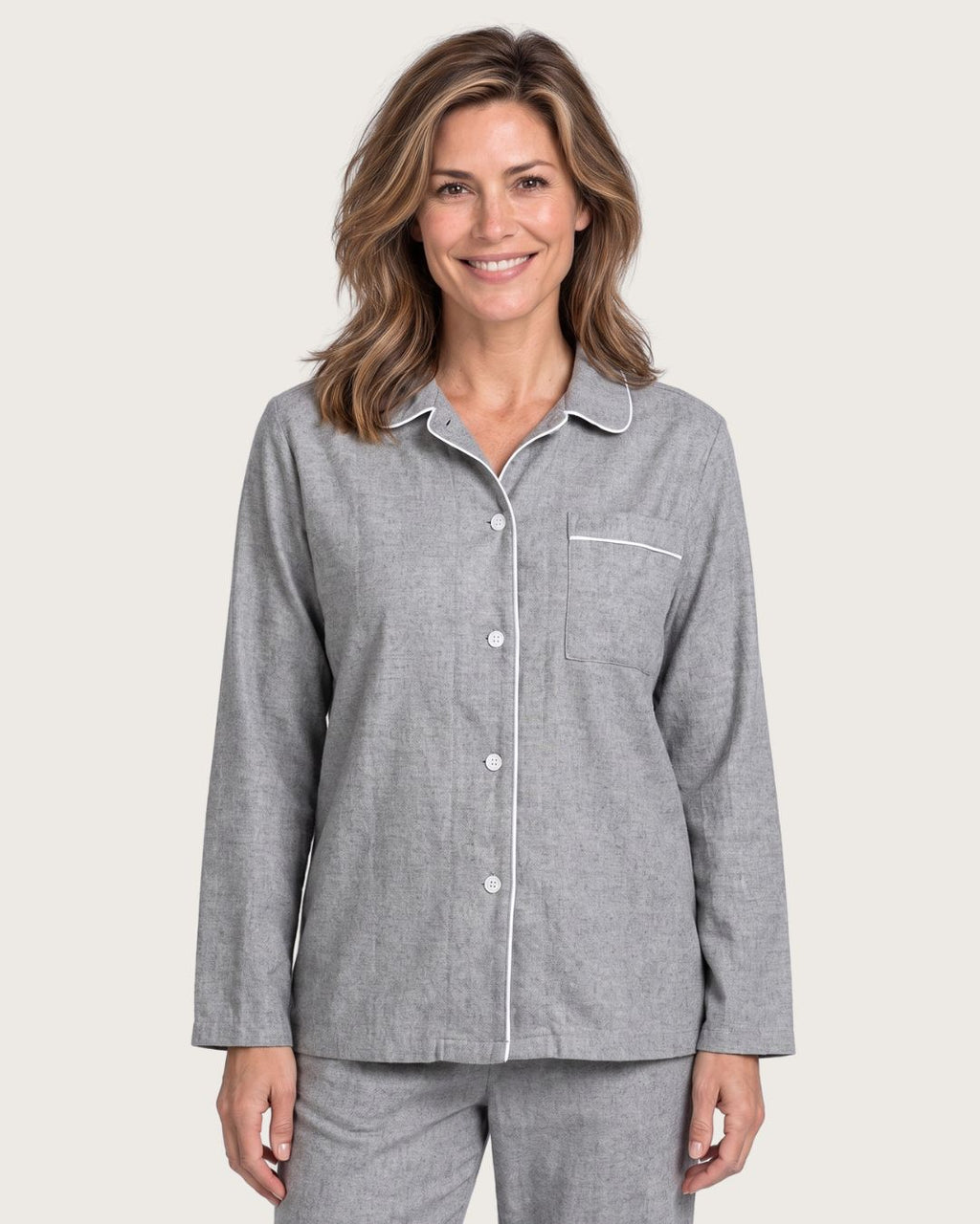 Close-up of Sage gray cotton pajama top with collar, buttons and chest pocket