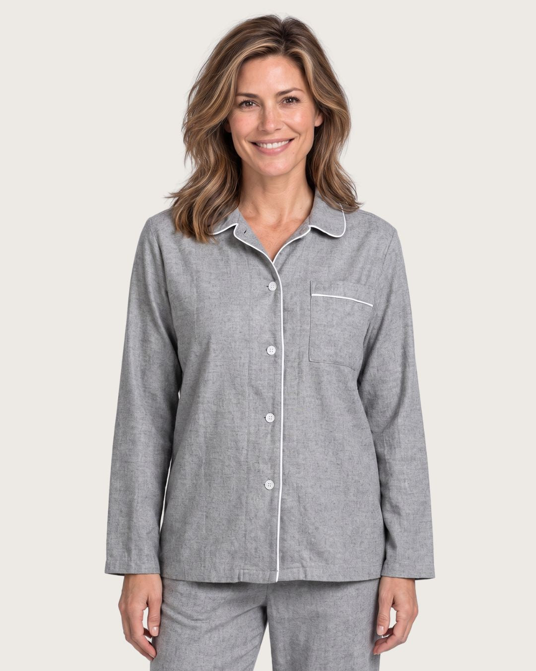 Close-up of Sage gray cotton pajama top with collar, buttons and chest pocket