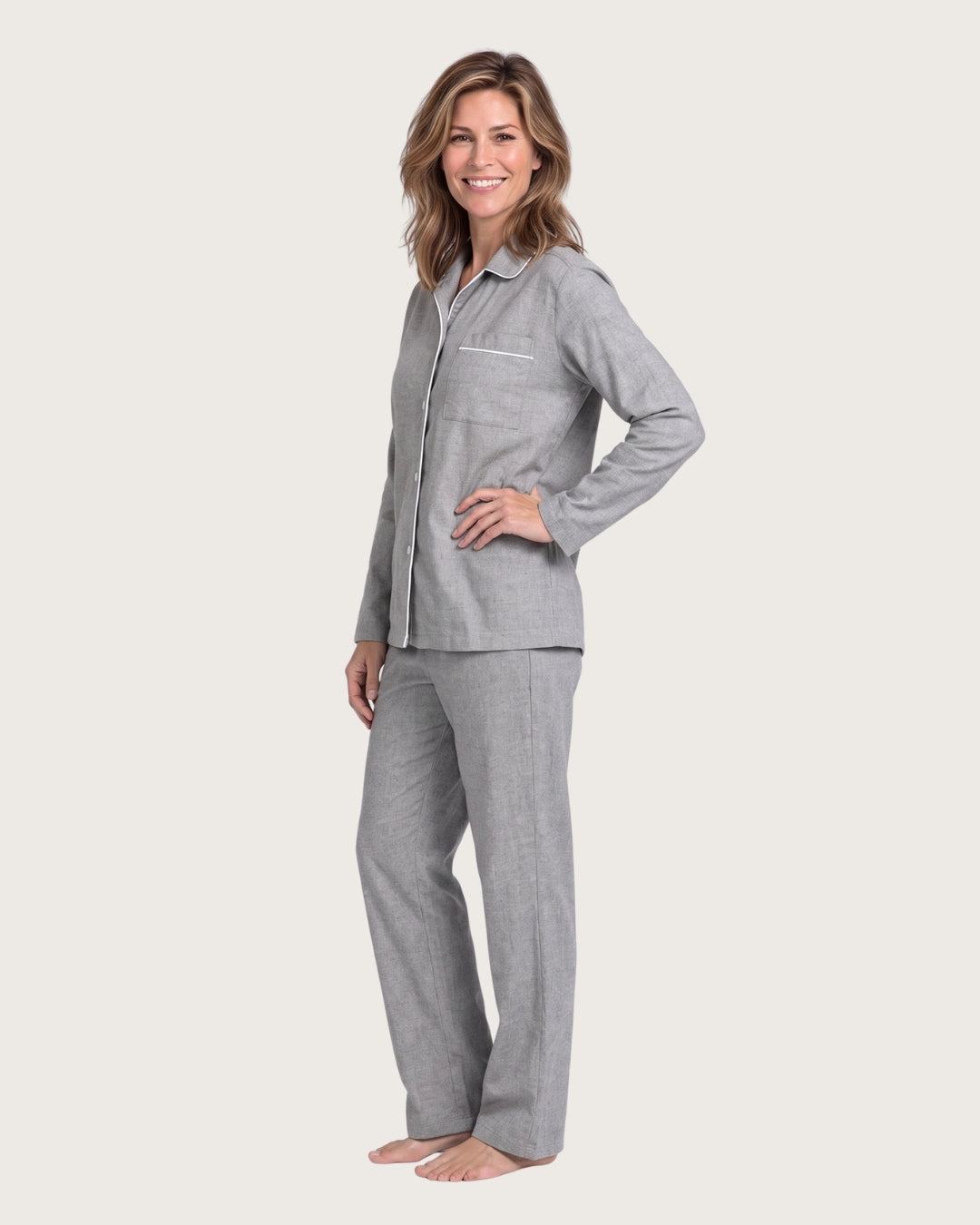 Three-quarter side view of Sage women’s gray cotton pajama set